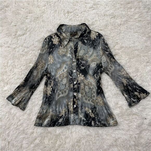 SERE NADE Paisley Button Pleated Blouse Womens PL Satin Gray Long Bell Sleeve - Picture 5 of 16